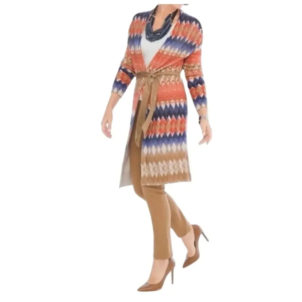 Chico's‎ Ikat Freya Tie Waist Duster Length Cardigan Boho Southwest Size 2/L